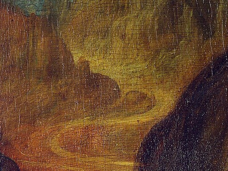 Detail of the winding road in the Mona Lisa's landscape