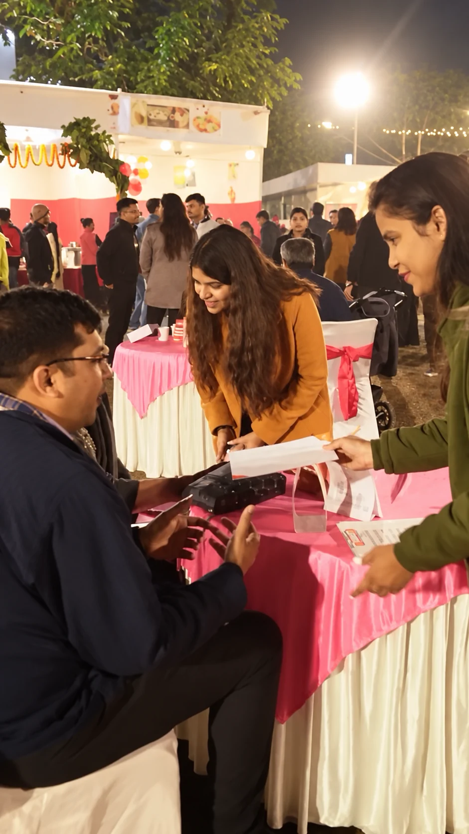 Two women smiling and leaning toward a seated guest during the event
