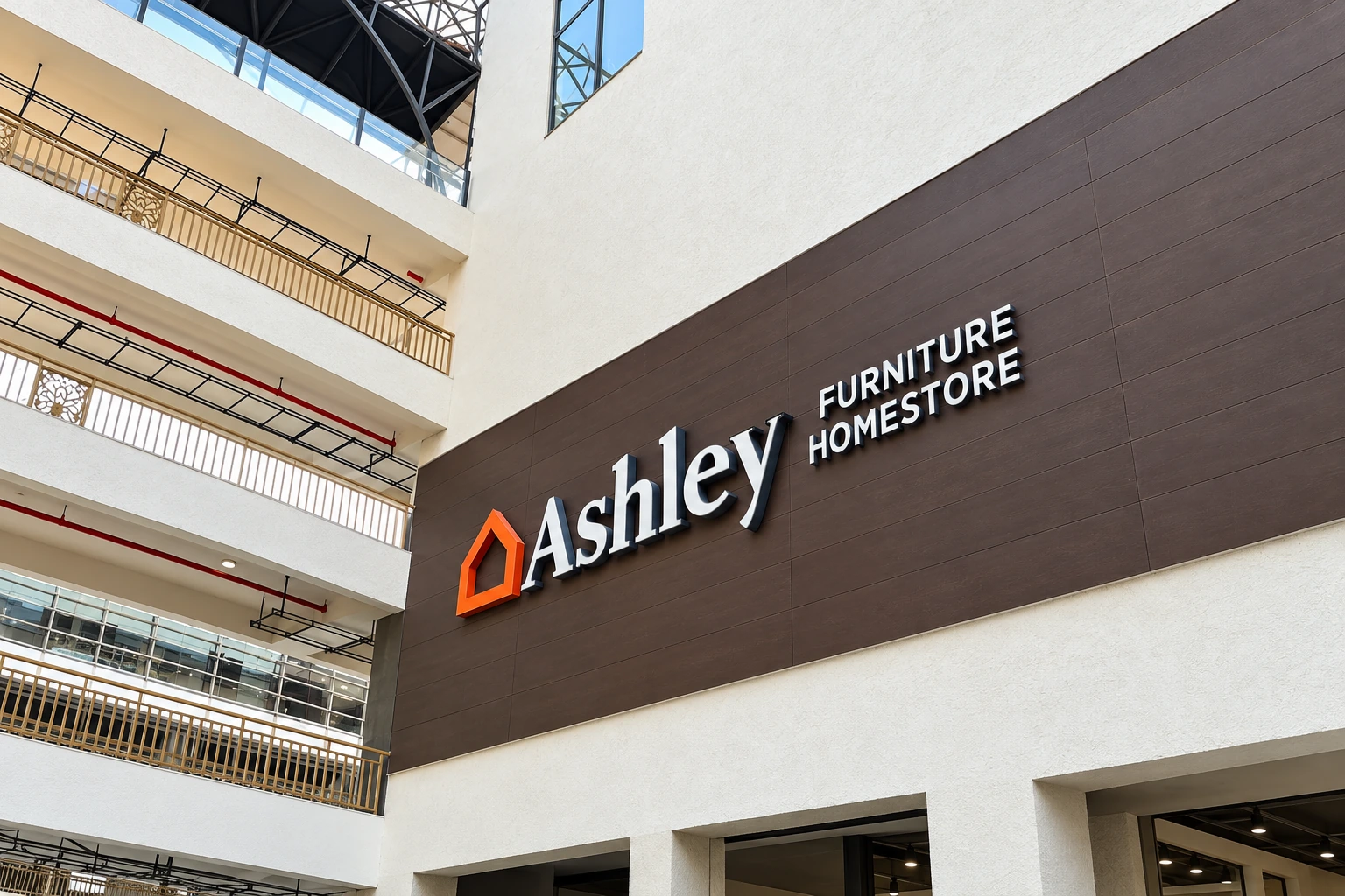 Ashley’s showroom signage seen from the building’s open atrium