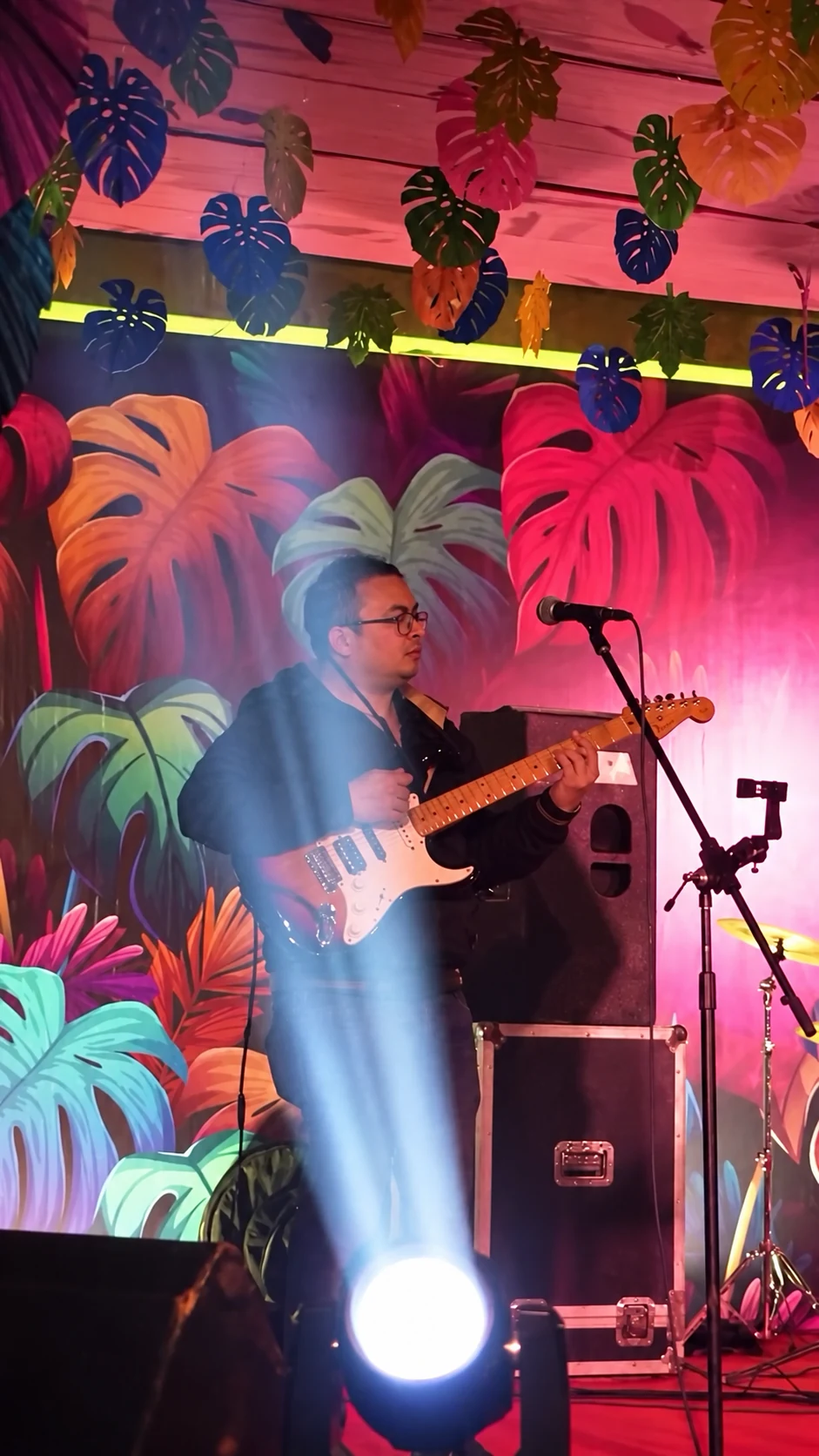 A guitarist performing beneath the colourful stage decorations at Hakuna Matata